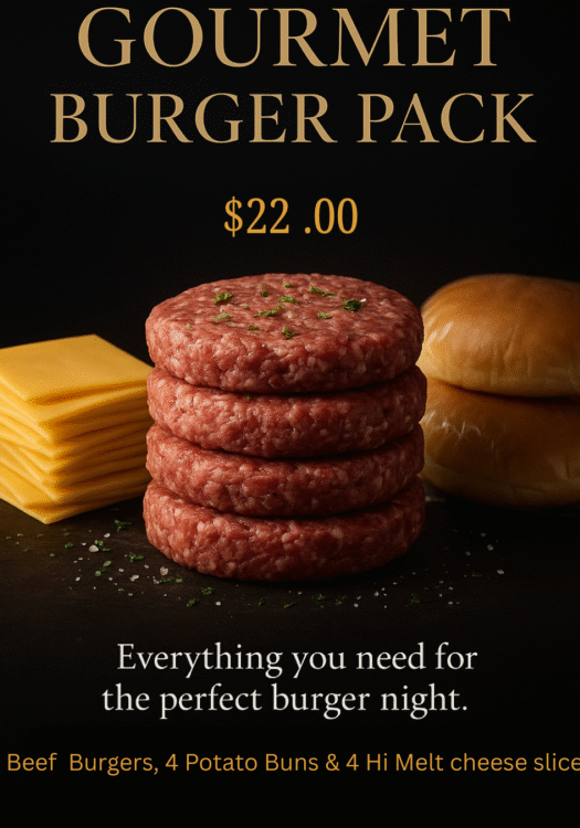 4 Beef Burgers, 4 Potato Buns & 4 Hi Melt cheese slices